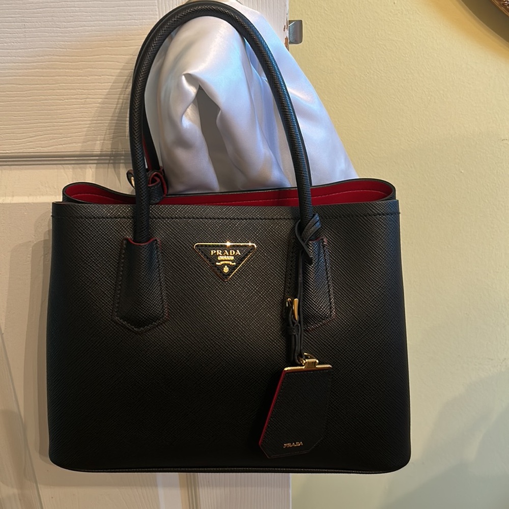 Prada Saffiano Leather Double Strap Bag with Red Interior
